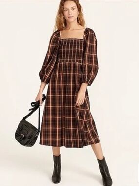 J Crew Smocked Puff Sleeve Dress In Brown Plaid Size M